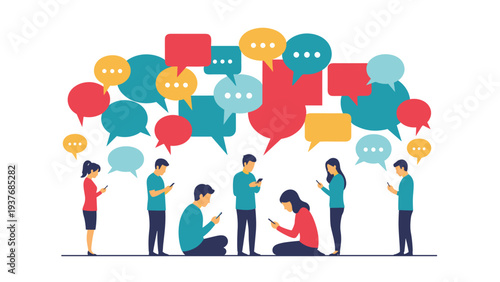 Group of diverse individuals focused on their mobile smartphones while colorful speech bubbles float above representing constant digital communication.