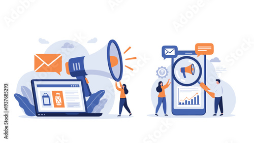 Marketing professionals using a giant megaphone and a large smartphone screen to promote business services and digital commerce solutions.