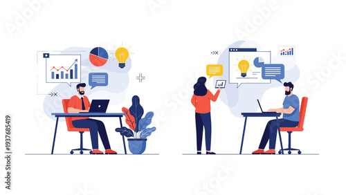 Business professionals analyzing data and generating creative ideas using laptops and digital screens in a modern collaborative workspace.