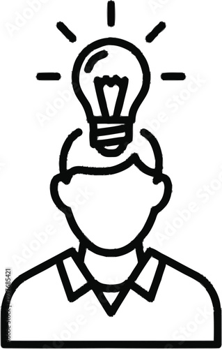 Creative man with lightbulb above head representing new idea discovery and innovation in a minimal vector line style