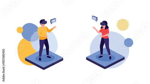 Man and woman wearing virtual reality headsets experiencing an immersive digital world while standing on separate isometric blue platforms.