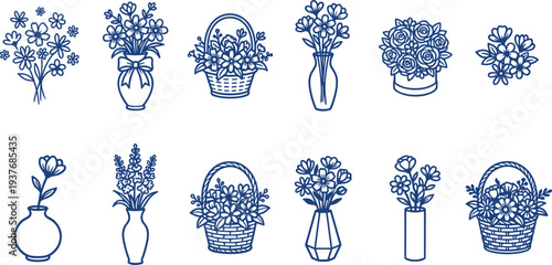 Elegant blue floral line art bouquet and vase collection, decorative flower arrangements, hand drawn botanical vector icons set for design branding