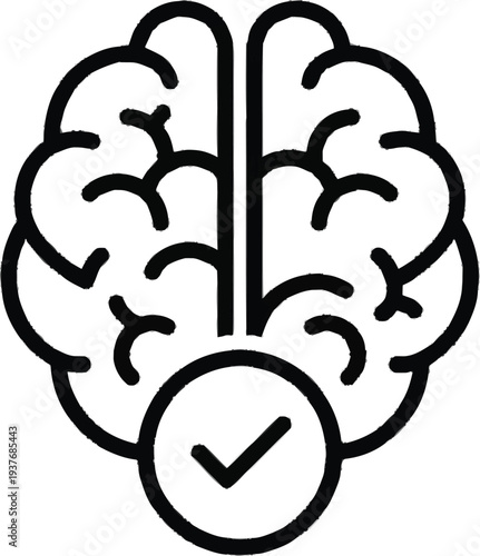 Mental health icon showing human brain with check mark symbol representing cognitive wellness and positive psychology