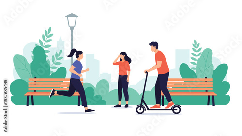 Active woman running and a man on a scooter in a beautiful urban park with green trees benches and a city skyline background.