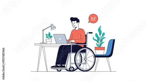 Determined professional man in a wheelchair focused on his laptop while working at a modern office desk with a lamp and plants.