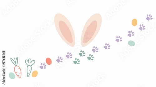 Whimsical bunny ears with colorful floral trail and vegetables on white background easter themed illustration