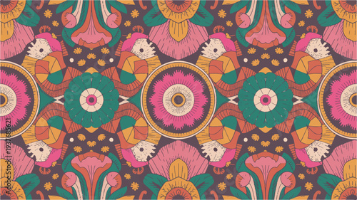 Vibrant floral pattern with pink green and orange hues abstract mandala design decorative textile
