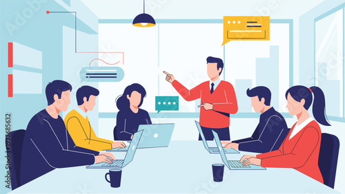 Business team meeting in a modern office with a professional leader pointing to a whiteboard during a strategic corporate training.