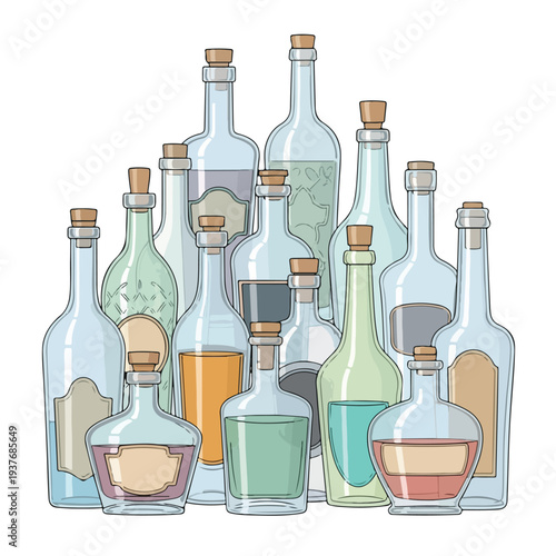 Collection of various glass bottles with corks on a plain background