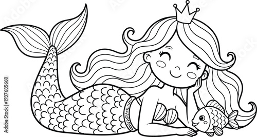 Mermaid colouring page for kids free printable colour book illustration