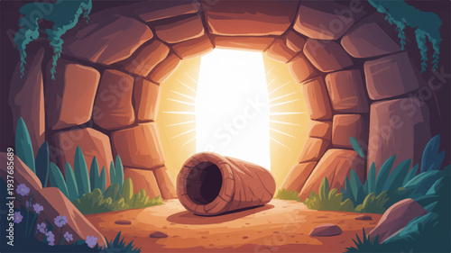 Ancient stone tunnel entrance with warm sunlight shining through leading to a mysterious passageway