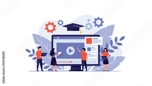 Diverse group of students and professionals engaging in distance learning using a large computer screen and online platforms.