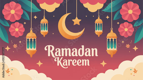 Ramadan kareem greeting card with crescent moon lanterns flowers and starry night sky background