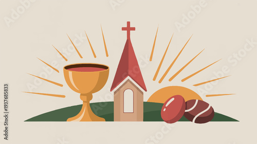 Eucharist symbols with church bread and wine on green hill with sun rays representing faith and spirituality