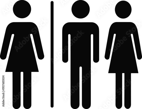 Gender inclusive restroom silhouette illustration with male and female figures, pants and dress symbols, public signage design concept for accessibility and inclusivity