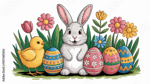 Easter bunny and chick with decorated eggs in spring flowers and grass