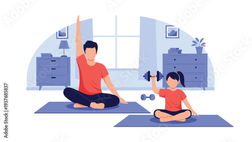 Father and daughter practicing yoga and light exercise together on blue mats in a peaceful and sunlit home living room.