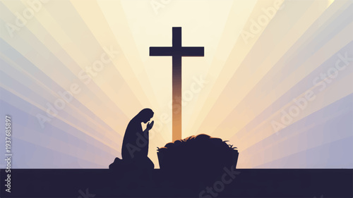 Silhouette of a person kneeling in prayer before a cross at sunrise or sunset with rays of light