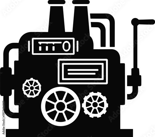Industrial machine silhouette illustration with exhaust pipes, control panel, gears, crank handle, schematic factory engine design for engineering, manufacturing, and technology concepts