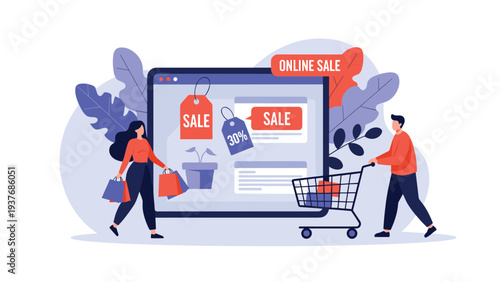 People shopping for deals on a large computer screen showing an online sale with various shopping bags and a grocery cart.