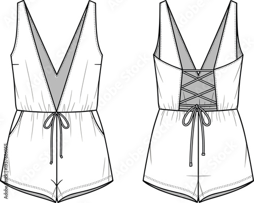 Women’s romper, sleeveless design, deep V‑neckline, lace‑up back, drawstring waist, fashion illustration, technical sketch, garment construction, apparel design, clothing template