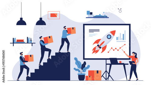 Dedicated team carrying boxes up a flight of stairs next to a rocket launch chart, symbolizing rapid business growth and success.
