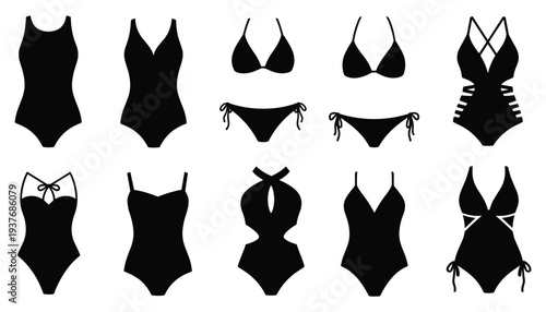 bikini silhouette set. Women swimsuit silhouette set with different one piece bikini shapes