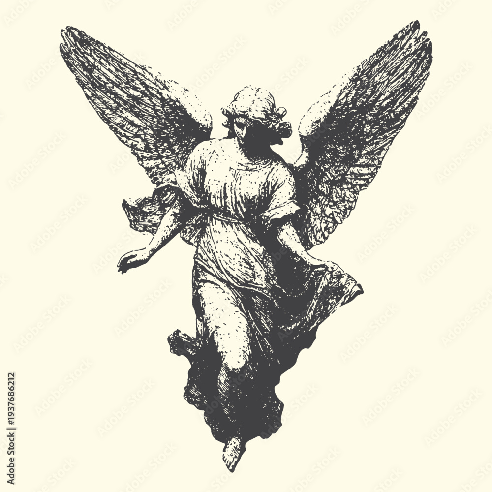 Obraz premium Detailed vector graphic illustration of a classical angelic figure with outstretched wings and flowing drapery, embodying grace and spirituality in a vintage art style.