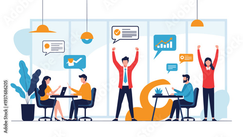 Motivated business team celebrating success and goal achievement in a modern office with charts and positive speech bubbles.