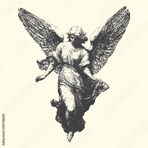 Detailed vector graphic illustration of a classical angelic figure with outstretched wings and flowing drapery, embodying grace and spirituality in a vintage art style.