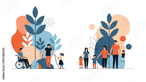 Inclusive community illustration showing diverse people, families, and individuals with disabilities in a colorful plant setting.