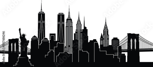 New York City skyline silhouette with Statue of Liberty, Brooklyn Bridge, skyscrapers, abstract design for architecture, travel, culture, and urban illustration