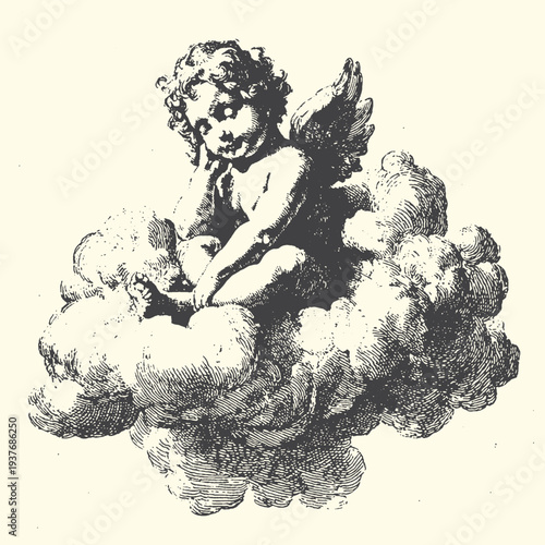 Obraz na plátně Elegant vector illustration depicting a thoughtful cherub with wings, gracefully seated on a whimsical cloud, evoking classical artistic charm, innocence, and serene contemplation