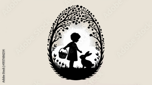 Silhouette of child and bunny with basket under blooming tree in egg shaped frame easter theme