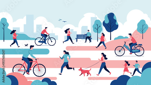 Busy city park scene with diverse people jogging, cycling, walking dogs, and enjoying outdoor recreation in a green space.