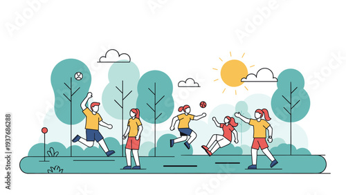 Group of active people playing a dynamic ball game in a sunlit public park with lush green trees and a clear blue sky.