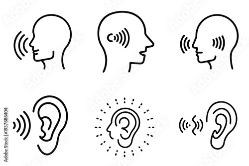 Hearing and listening line icon set with human ear, sound wave signal, person speaking voice, auditory sense perception, deaf communication more vector illustration or editable stroke.