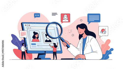 Human resources specialist using a large magnifying glass to review and analyze digital candidate profiles on a computer.