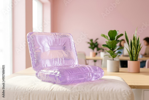 Translucent Chair in Modern Office: A uniquely designed translucent chair sits gracefully in a modern office space, complemented by indoor plants and soft ambient light, creating a sense of serenity.