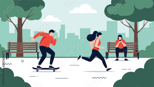Active lifestyle in a city park featuring a man skateboarding, a woman jogging, and another person sitting on a bench.