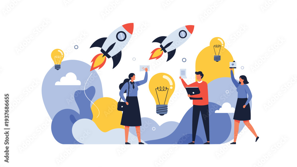 Fototapeta premium Innovative business team standing around giant lightbulbs while rockets launch symbolizing creative ideas and startup growth.