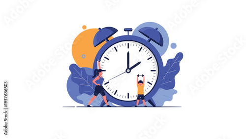 Mother and her young son performing exercises with dumbbells in front of a giant blue alarm clock to show time management.