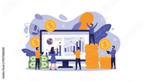 Business professionals analyzing financial growth and stock market trends on a large computer screen with money icons around.