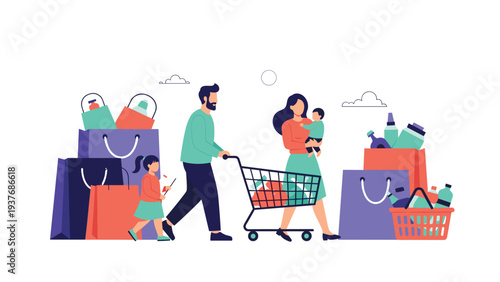 Happy family walking with a full shopping cart and several large bags after a successful day of buying groceries and clothes.