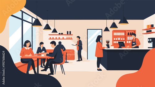 Busy cafe interior where people are sitting at tables drinking coffee and talking while a barista works behind the counter.