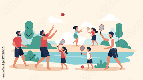 Diverse group of people and families enjoying outdoor sports like tennis and volleyball near a calm lake in a scenic park.