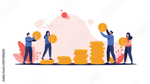 Group of people working together to build high stacks of gold coins representing financial savings and investment growth.