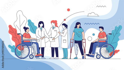 Diverse group of doctors and nurses providing care and support to patients with physical disabilities in a modern hospital setting.