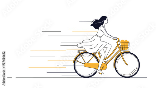 Elegant woman in a dress riding a yellow bicycle with speed lines in the background indicating fast and efficient travel.