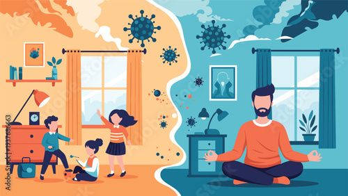 Man practicing meditation to find inner peace while his children play loudly in another room during a viral pandemic quarantine.